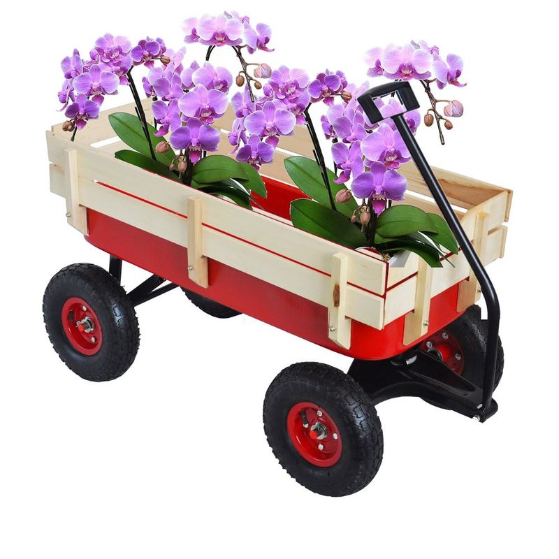 Outdoor Station Wagon All-terrain Pull Wooden Railing Pneumatic Tire Children's Garden (red)_voghion.com