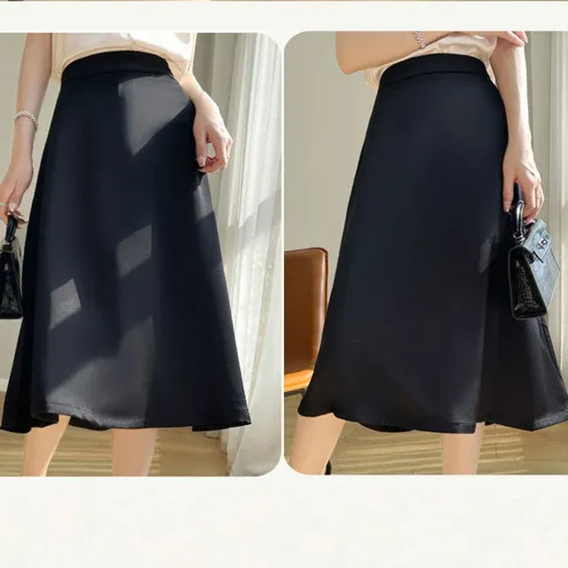 vendita calda donne conciso solido raso plissettato midi ragazze vintage medio elastico vestito femminile versatile confortevole gonne lunghe_voghion.com