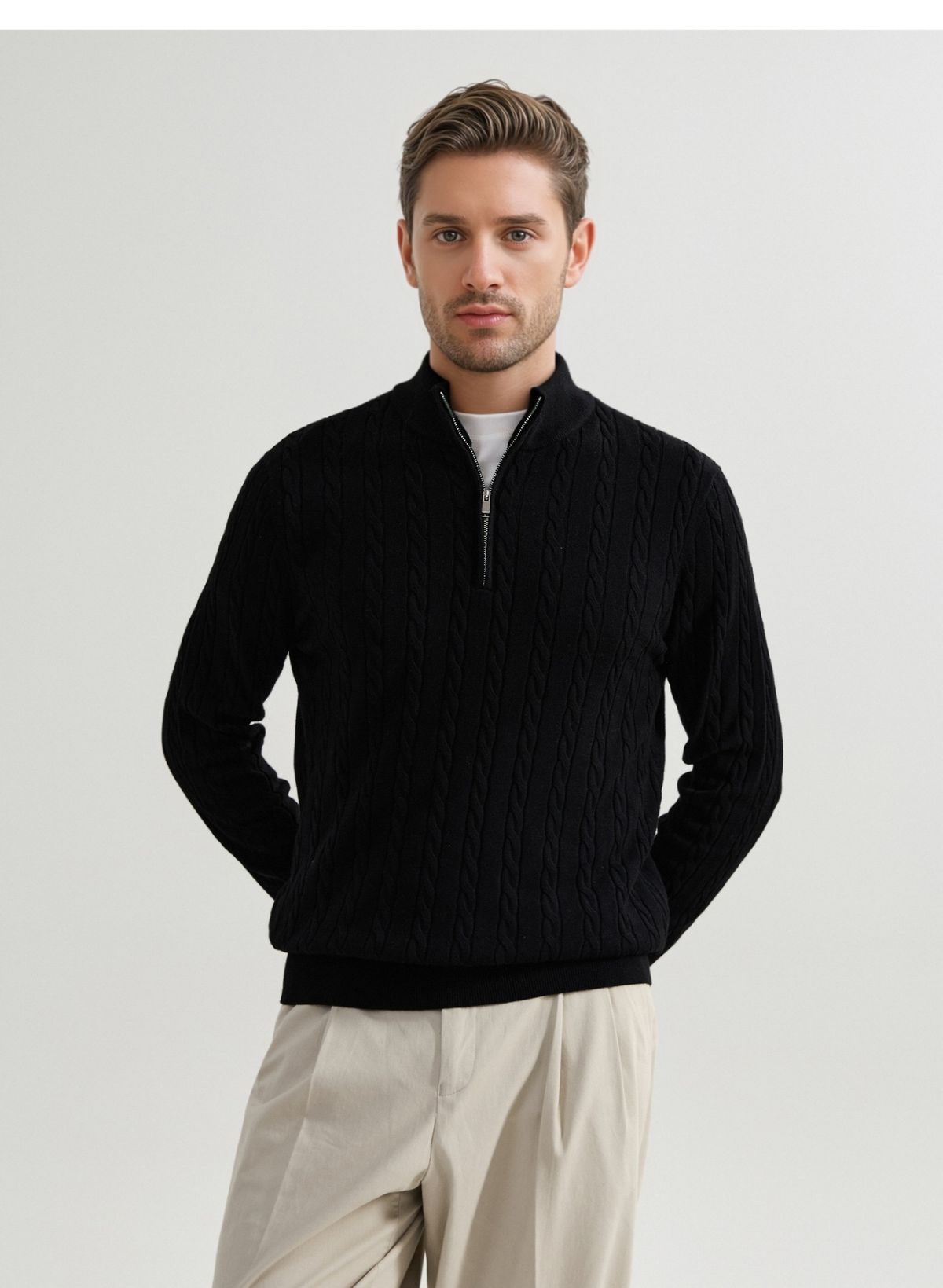 « Pull à col montant en maille torsadée pour homme - Pull zippé style classique pour l'automne et l'hiver »_voghion.com