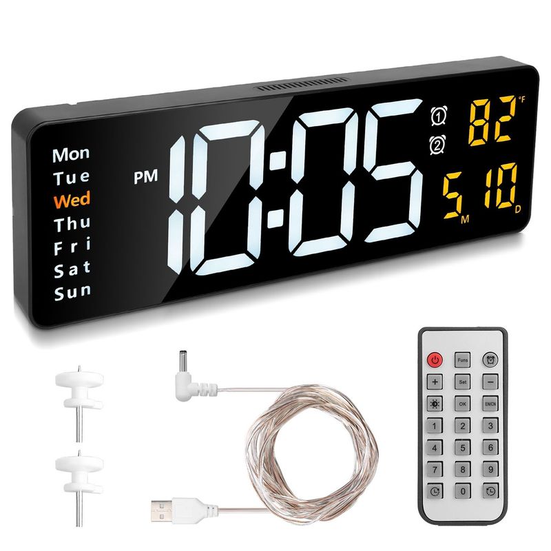 15.7in LED Digital Wall Clock With Remote Control 10 Level Brightness 3 Alarm Settings 12/24Hr Format Timing Countdown Temperature Calendar Display Decorative Clock For Office Home_voghion.com