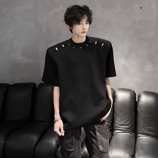 American High Street Kurzes T-Shirt für Herren im Sommer, trendig, lockere Passform, High-End-Gefühl, gepolsterte Schulter, vielseitig, Fünfviertel_voghion.com