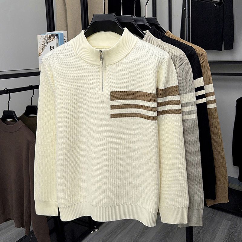 Maglione a righe da uomo – Pullover a collo alto con mezza zip, vestibilità slim in misto acrilico (casual da lavoro, stratificazione autunnale, comfort leggero)_voghion.com