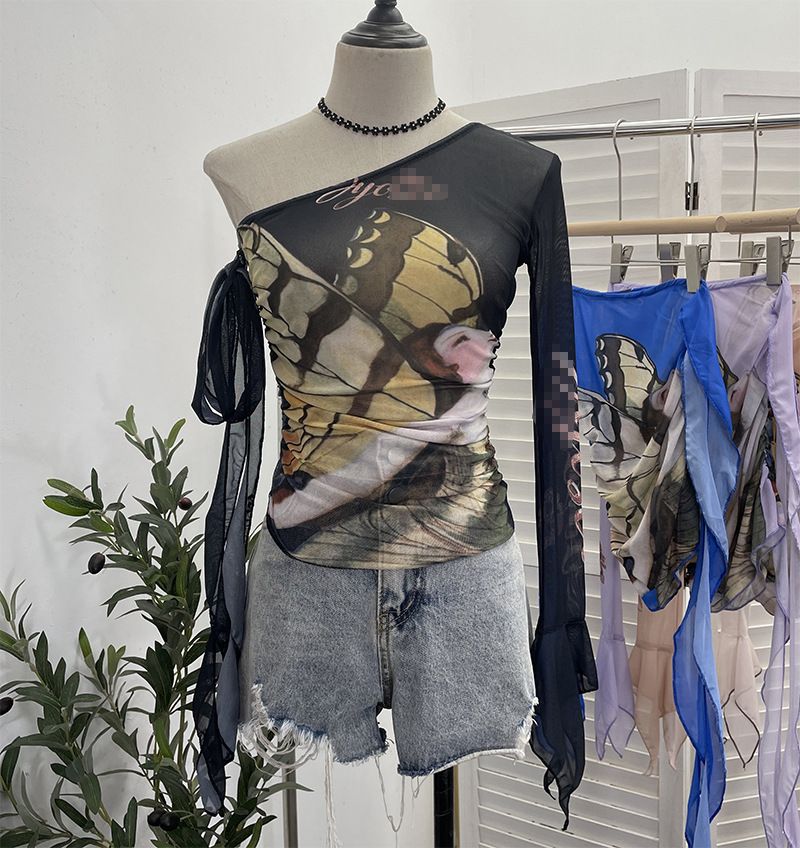 Women's Clothing Real Shot Design One Shoulder Trumpet Long Sleeved Mesh Printed T Shirt Short Lace Up Tight Thin Top_voghion.com