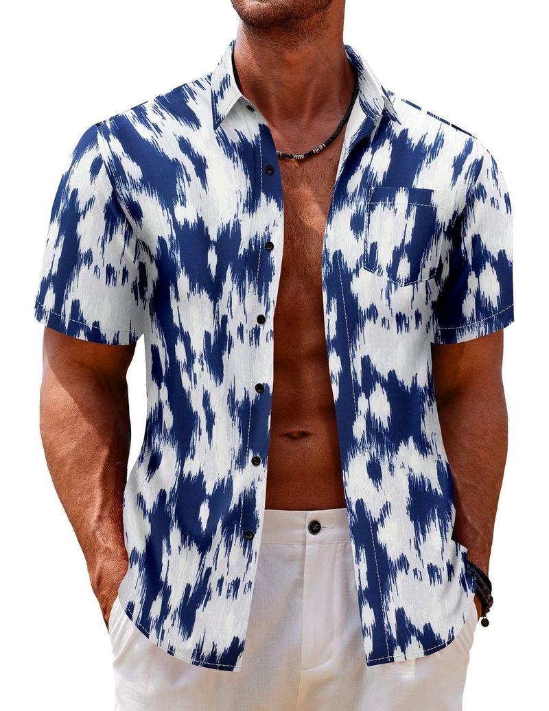 Camicia casual da uomo a maniche corte con risvolto e tasca stampata in 3D_voghion.com