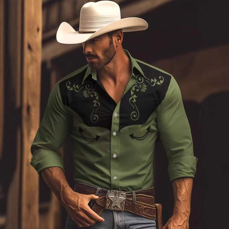 Camicia da uomo in denim elasticizzato Southwestern Party - Camicia a maniche lunghe con stampa azteca per uomo, traspirante e comoda, stile casual western (M-3XL)_voghion.com