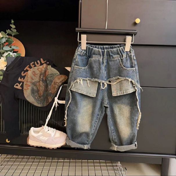 Παιδικά ρούχα Παιδικό τζιν παντελόνι ίσιο casual φαρδύ σκισμένο πλυμένο παιδικό τζιν παντελόνι ίσιο casual φαρδύ_voghion.com