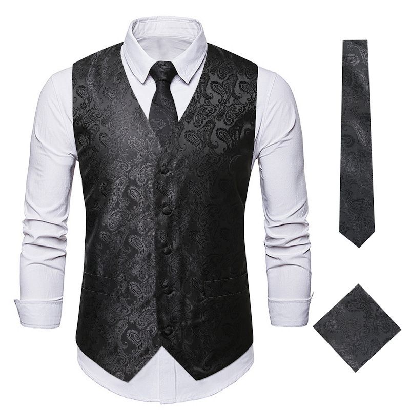 men's autumn clothing new sunflower print casual vest suit vest men's waistcoat square scarf tie three-piece set_voghion.com