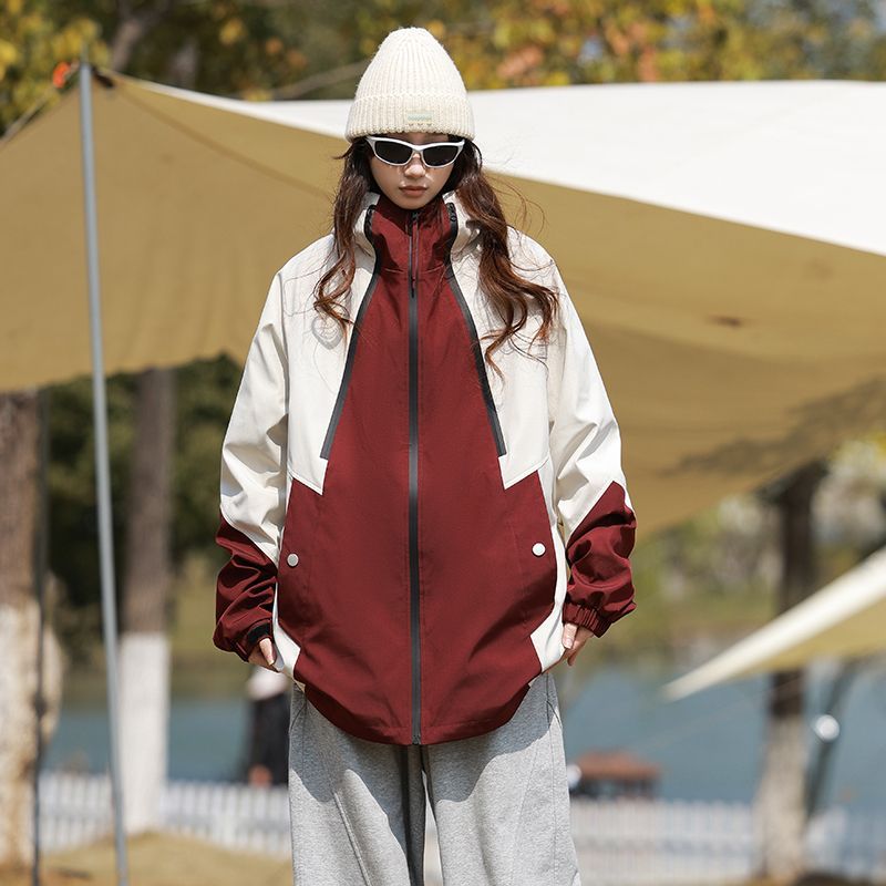 Rainstorm Level Water-Resistant Spring And Autumn Color-Block Windproof Coat Loose Hooded Hiking College Style Jacket_voghion.com