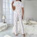 Women's Clothing Home Clothes Cherry Print Short Sleeved Lapel Pajamas Long Pants Two Piece Suit_voghion.com