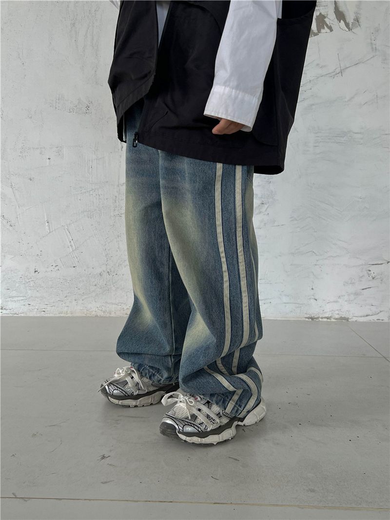 Pantalones vaqueros para niños de otoño 2024, estilo Paris Sj, desgastados, de pierna recta con tres barras para niños y niñas_voghion.com