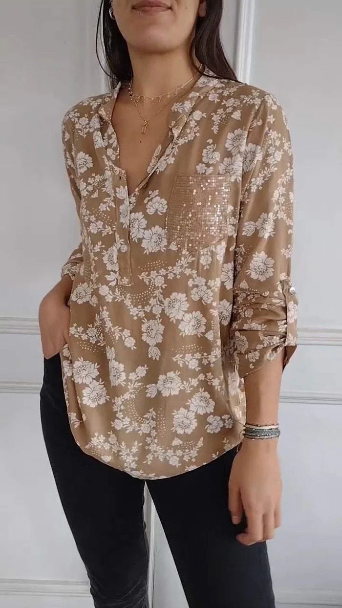 Camicia da donna ampia e casual, a maniche lunghe, con stampa e tasca_voghion.com
