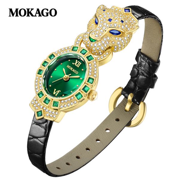 Luxury Leopard Print Diamond Accent Quartz Watch For Women - Elegant Oval Dial With Genuine Leather Strap, Mineral Crystal Glass, 30M Water Resistant_voghion.com