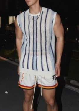 Maglia estiva a righe larghe, design estivo senza maniche, gilet semplice con scollo rotondo_voghion.com