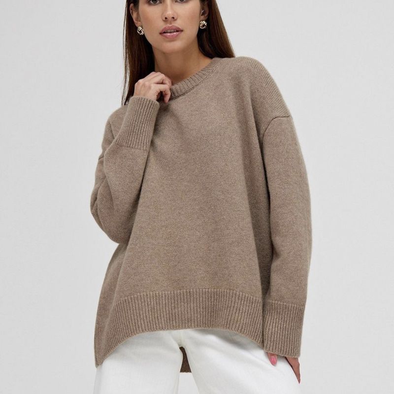 Pull à col rond de couleur unie pour femme, haut en tricot doux_voghion.com