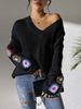 Autumn Winter Women's Top Random Mixed Color Hand Crocheted Patchwork V-Neck Pullover Loose Casual Sweater 675_voghion.com
