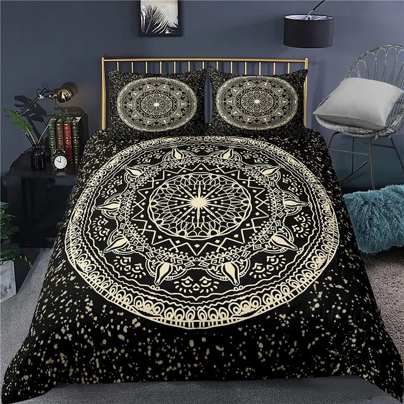 Conjunto de três peças de capa de edredom boêmio preto e dourado_voghion.com