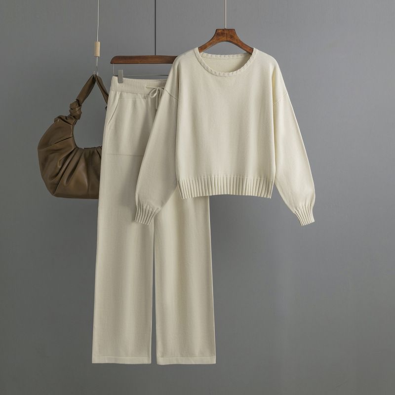 Women's two-piece fashion short long sleeve knit suit_voghion.com