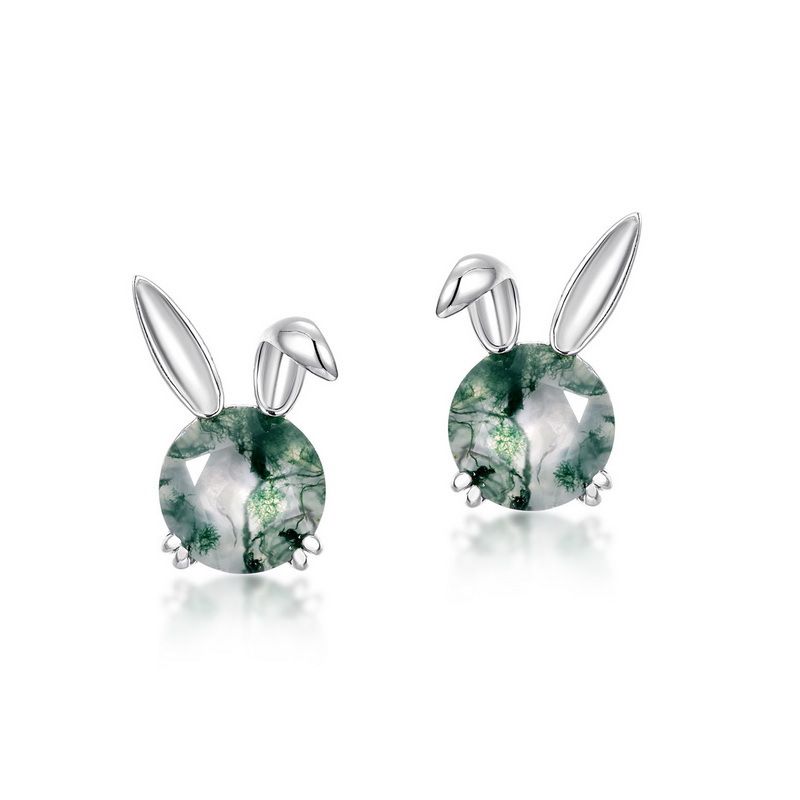 Orecchini con orecchie di coniglio carini e muschio verde Orecchini in argento S925 con agata erba acquatica intarsiata_voghion.com