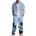Summer Linen Loose Men's Beach Casual Printed Hooded Short Sleeve Shirt And Long Pants Set For Men_voghion.com