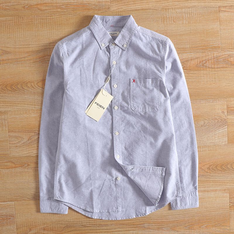Herrenbekleidung Slim Fit Oxford-Hemd aus gewaschener Baumwolle mit Ellenbogenpatch, lässiges Langarmhemd_voghion.com