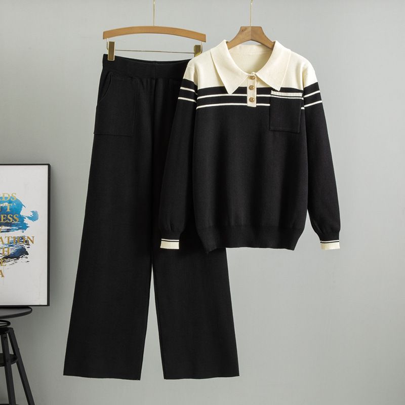 Damenbekleidung Gestreifter Pulloveranzug Frühling Neue lockere Mode Lässige Hose mit weitem Bein Gestrickter zweiteiliger Anzug_voghion.com