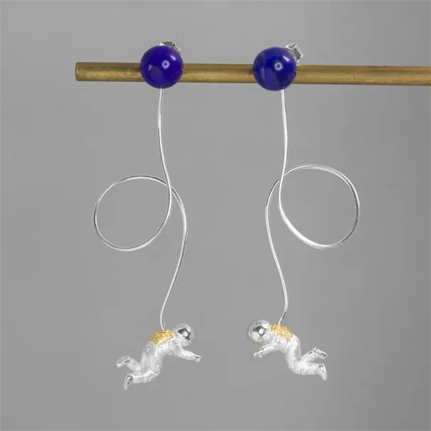INATURE Sterling Silber Lapislazuli Space Astronaut Lange Quaste Tropfen Ohrringe für Frauen Modeschmuck CX200624_voghion.com