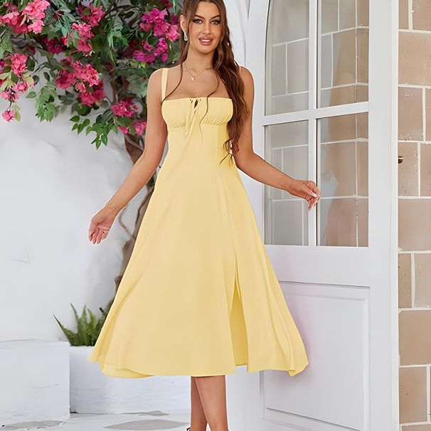 Damenbekleidung Dünne Taille Fischgrätenförmiges Schlitz Kordelzug Schnürung Brust Hosenträgerkleid_voghion.com