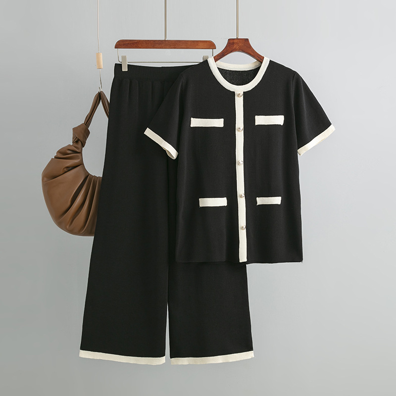Abito da donna completo da donna girocollo abbottonatura colore a contrasto top a maniche corte vita alta pantaloni in maglia a gamba larga all-match set di due pezzi_voghion.com