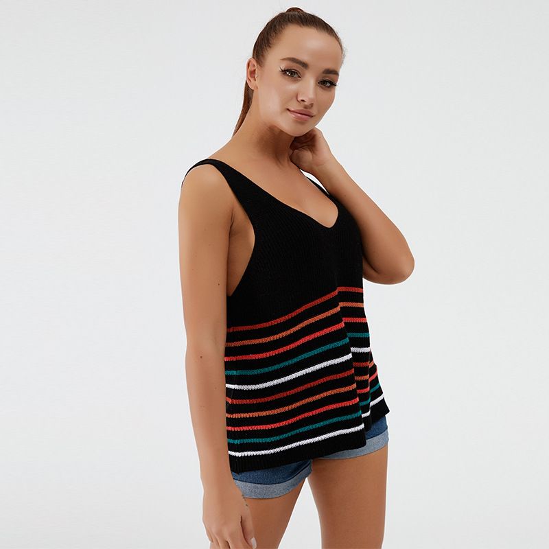 Camiseta interior con cuello en V a rayas multicolor para mujer, camiseta deportiva con tirantes_voghion.com