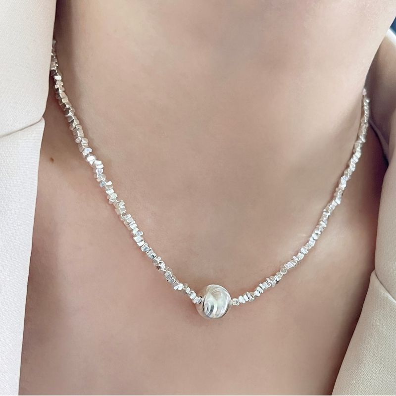 Collana in argento sterling con fiore, occhio di gatto, perlina rotonda, collana in argento frantumato, collana con catena a clavicola da donna, catena semplice in argento frantumato_voghion.com