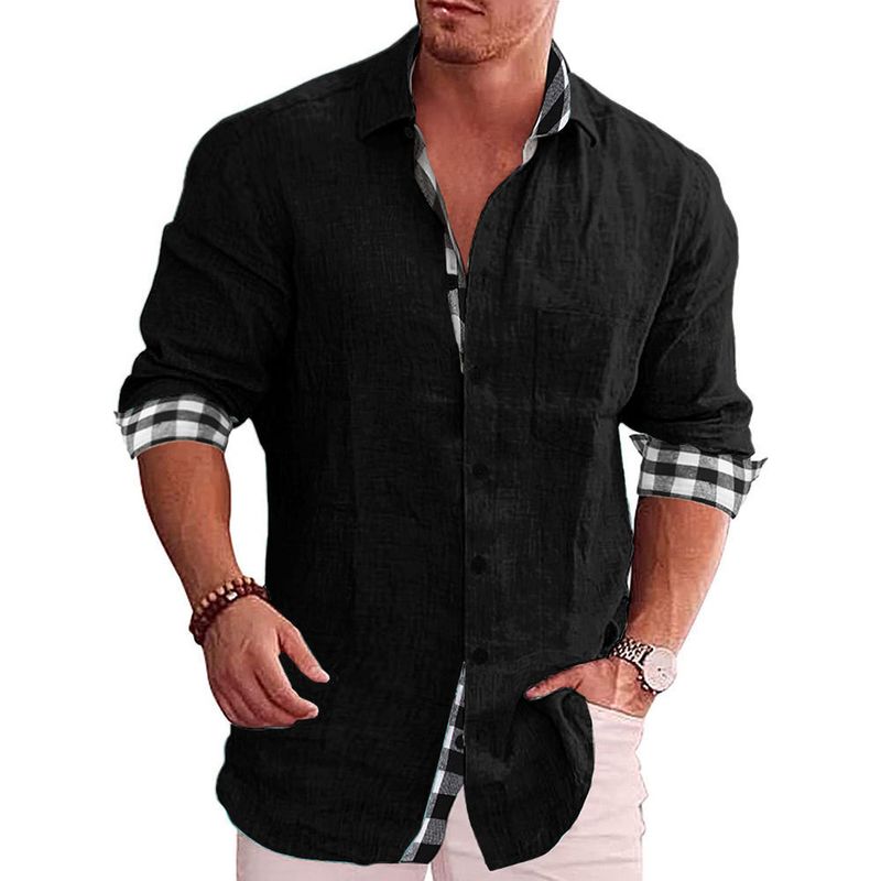 Herrenbekleidung Herbst Casual All Match Revers Plaid Bottoming Shirt Langarm Herrenhemd_voghion.com