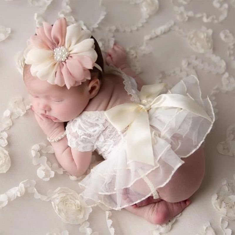 Acessórios para fotografia de bebê, roupa, saia de renda com laço e faixa de cabeça de flores para recém-nascidos, meninas, acessórios para tirar fotos, suprimentos_voghion.com