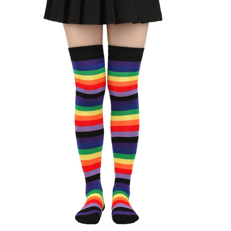 Lange, bunte Overknee-Partysocken mit Regenbogenstreifen für Damen_voghion.com