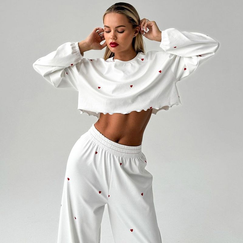 Herbst Neue Lose Bequeme Gerippte Herz Druck Ärmel Lange Hosen Pyjama Set Homewear_voghion.com