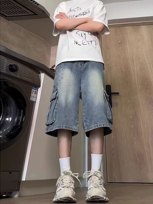 Shorts jeans cargo vintage lavados para homens, novo corte solto de verão com bolsos laterais e design de bolso grande, casual_voghion.com
