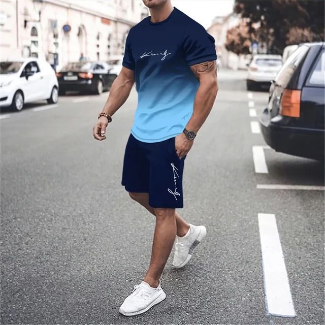 2025 Summer Gradient Color Short Sleeve Shorts Suit 3D Digital Printing Simple Letter Gradient T Shirt Two Piece Suit Men_voghion.com