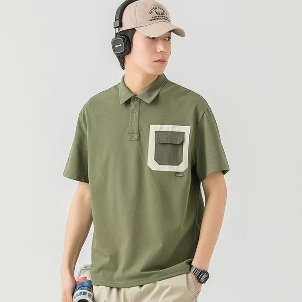 Μπλούζα POLO με τσέπη για άνδρες, καλοκαίρι, νέο μοντέρνο και όμορφο, κοντομάνικο μπλουζάκι, πόλο τοπ με χαλαρή αντίθεση χρώματος_voghion.com
