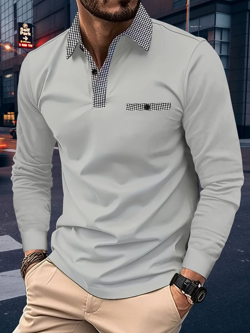 2025d Houndstooth Casual Golf Polo Shirt Men's Summer Thin Solid Color Long Sleeve_voghion.com