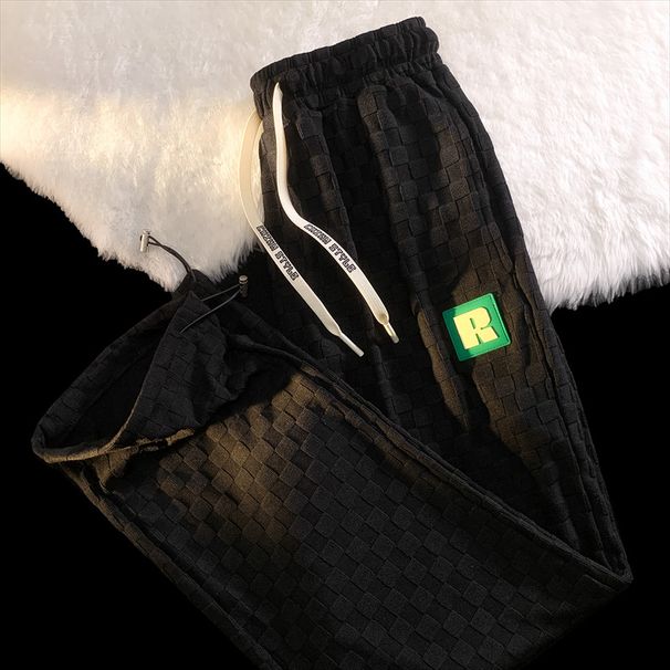 Men's Clothing Waffle High Street Wide Leg Trousers Loose Thin Retro Cuffed Sweatpants_voghion.com