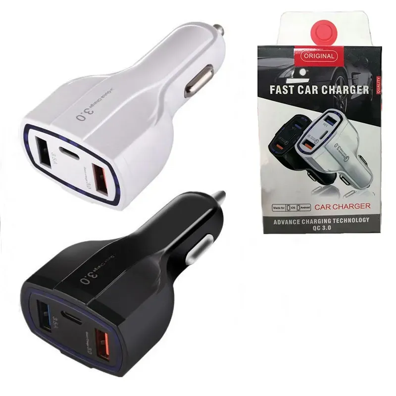 With Retail Box 3 In 1 USB Car Charger Fast Charging Type C QC3.0 PD QC 3.0 Usbc Chargers For IPhone 13 12 11 X 8 7 Pro_voghion.com