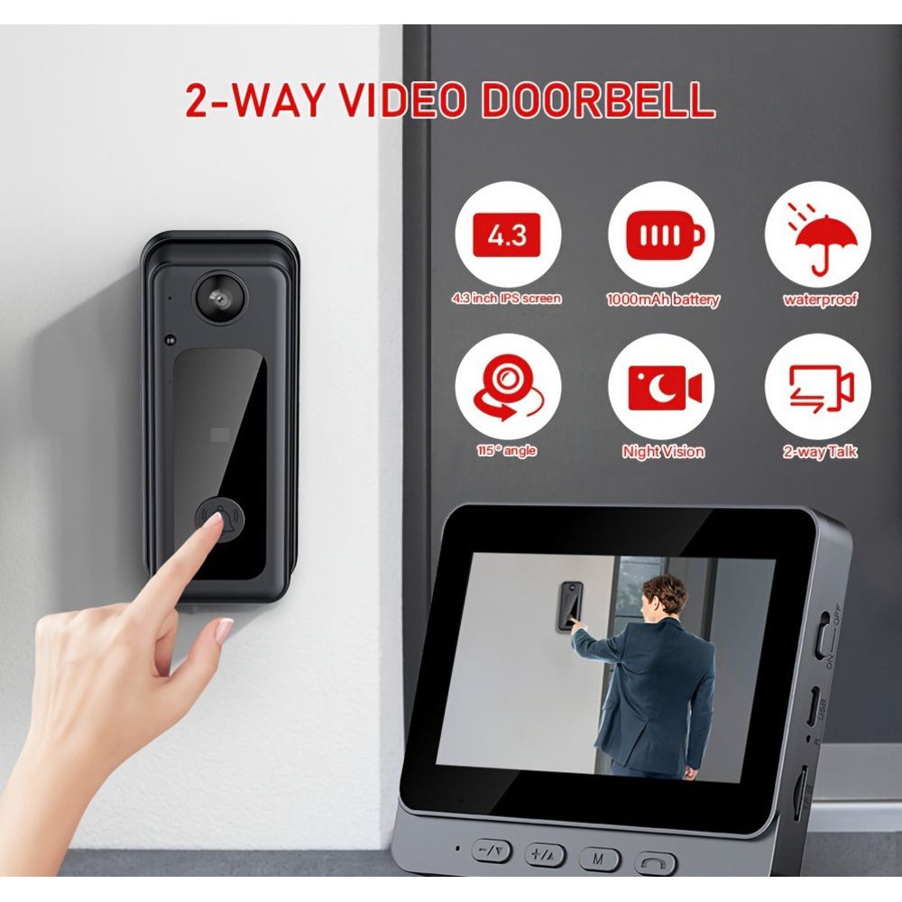 4,3-inch scherm draadloze camera nachtzicht realtime communicatie waterdichte intercom visuele deurbel_voghion.com