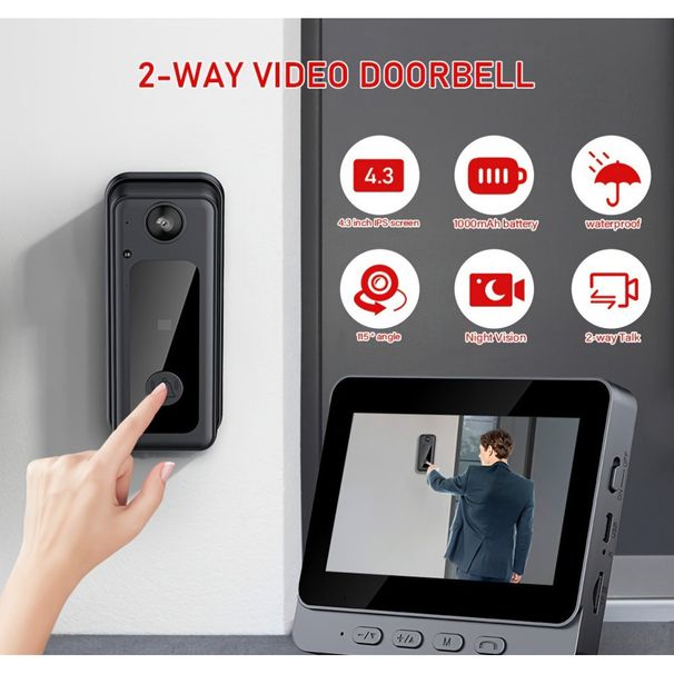 4,3-inch scherm draadloze camera nachtzicht realtime communicatie waterdichte intercom visuele deurbel_voghion.com