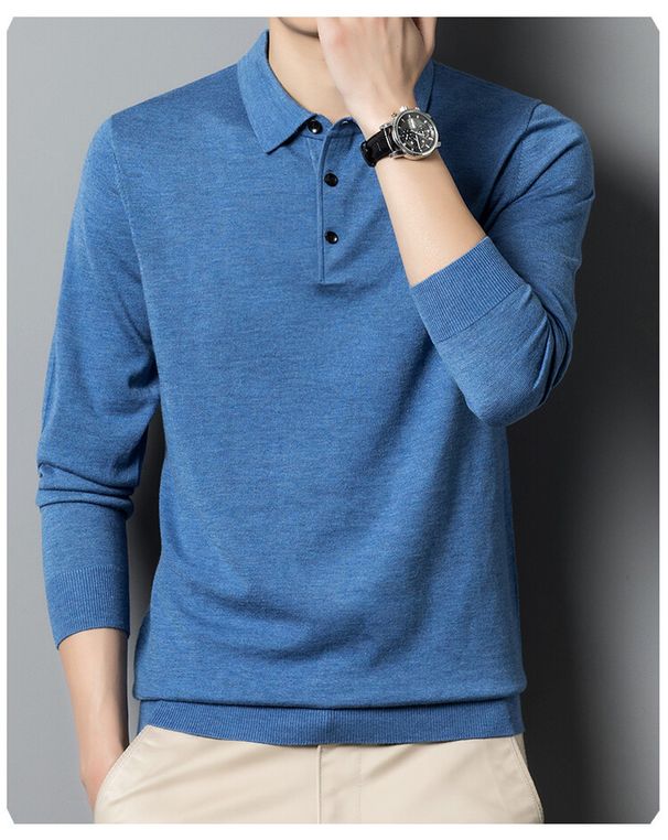 Herrkläder 2024 höst och vinter nya pikétröjor stickade ull herrslag lös enfärgad tröja pikétröja krage_voghion.com