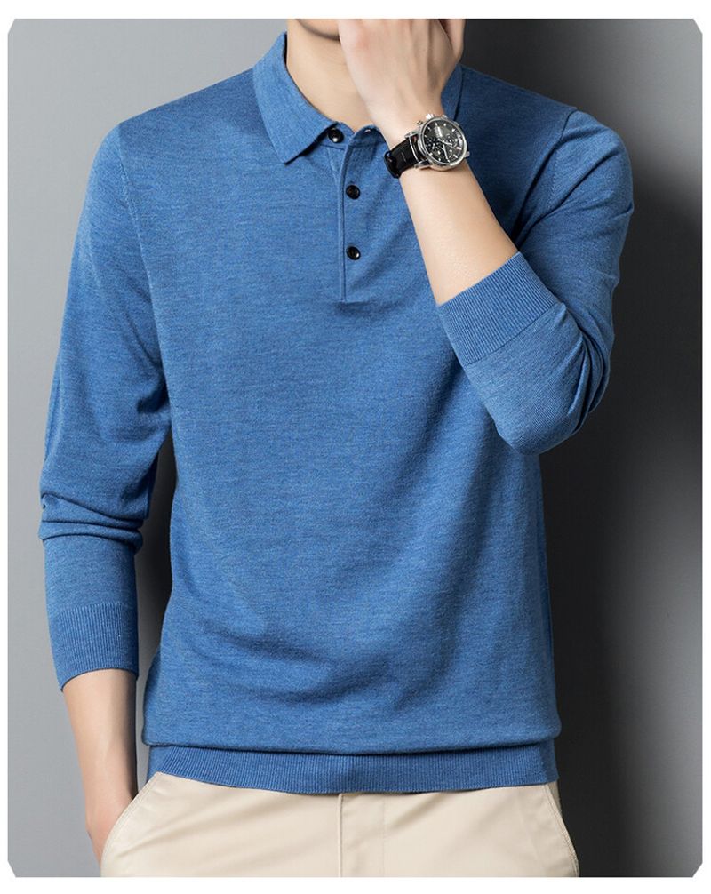 Men's Clothing 2024 autumn and winter new polo tops knitted wool men's lapel loose solid color sweater polo shirt collar_voghion.com