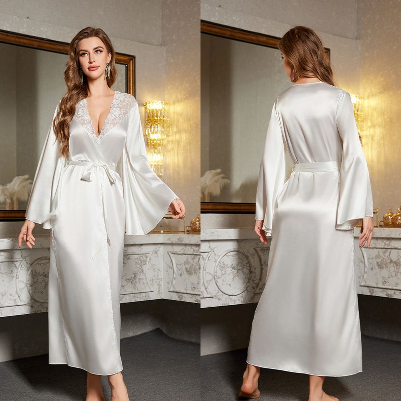 Women's Sleepwears Sexy Long Bathrobe Lace Nightgown Long Sleeved Home Clothes_voghion.com