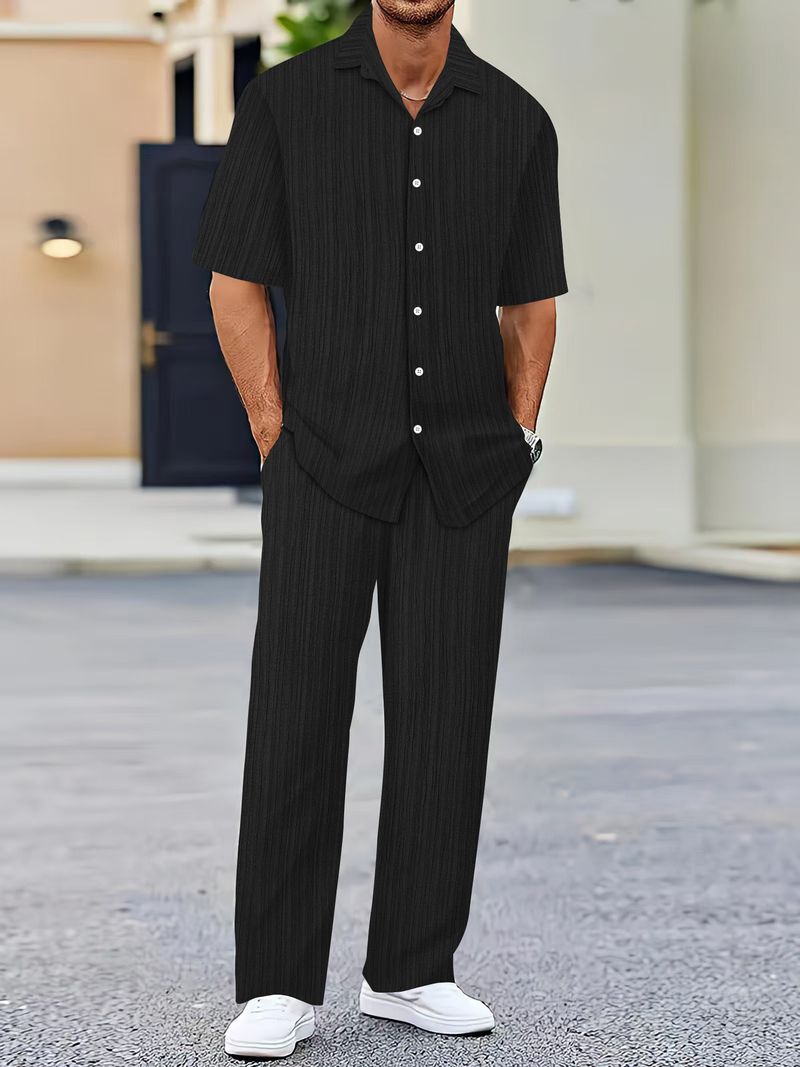 Men's Clothing Lapel Solid Color Short Sleeved Shirt Drawstring Trousers Two Piece Suit_voghion.com