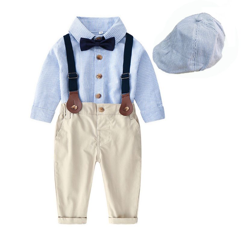 Children's spring and autumn new long-sleeved striped shirt set, male baby gentleman uniform striped hat_voghion.com