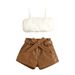 Baby Clothing Furry halter top Solid color open-pocket leather pantsuit with belt_voghion.com