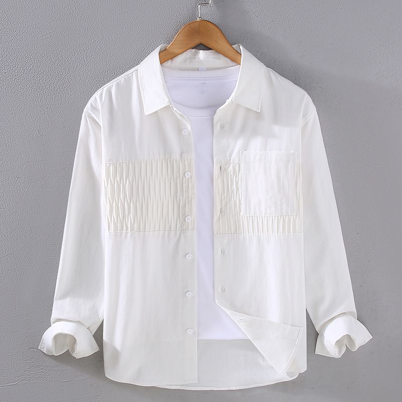 Toppa a contrasto in tessuto twill 2024, camicia a maniche lunghe artistica e casual, camicia con risvolto da uomo, giacca ampia e alla moda, da uomo_voghion.com