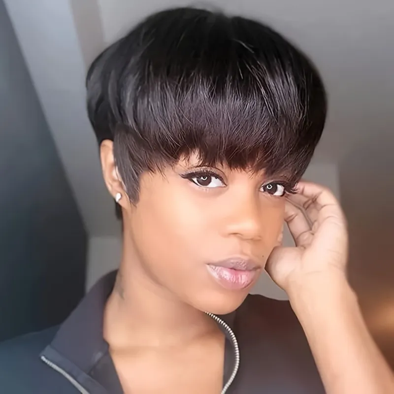 Kurze Echthaarperücken für Frauen, Pixie-Cut-Perücken mit Pony, kurze glatte Perücke_voghion.com